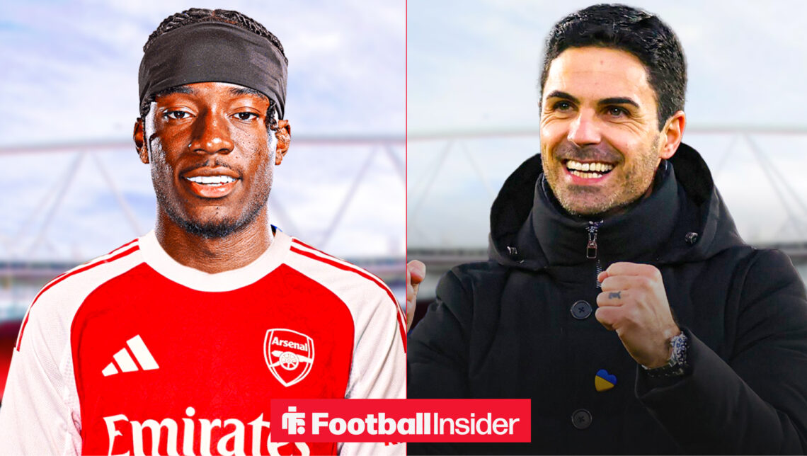 Noni Madueke in an Arsenal shirt and Mikel Arteta looking happy