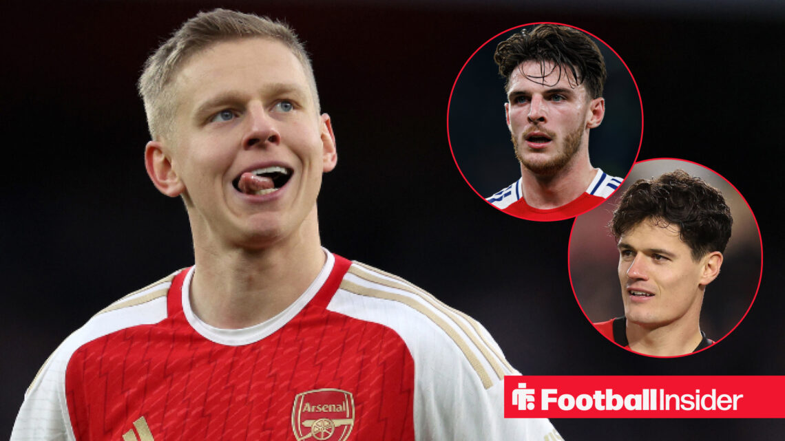 Arsenal's Oleksandr Zinchenko and Declan Rice and Christian Norgaard smiling