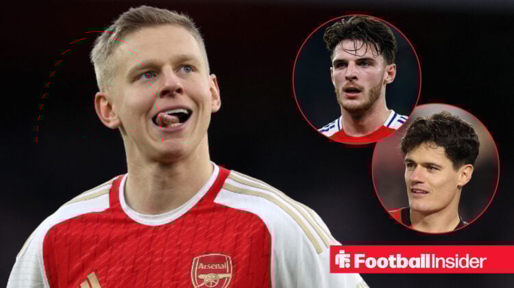 Arsenal's Oleksandr Zinchenko and Declan Rice and Christian Norgaard smiling