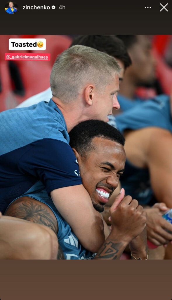 Oleksandr Zinchenko Instagram story with Gabriel Magalhaes
