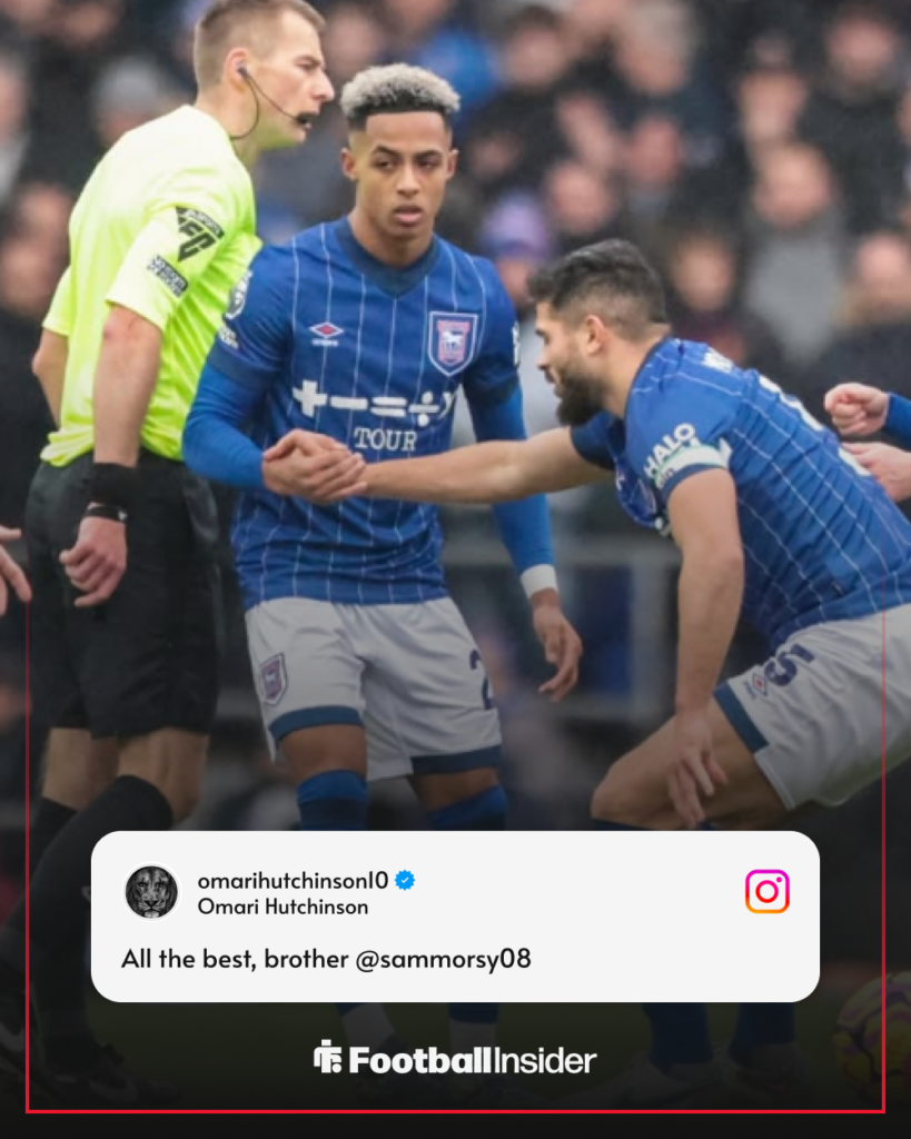 Omari Hutchinson and Sam Morsy shaking hands at Ipswich Town