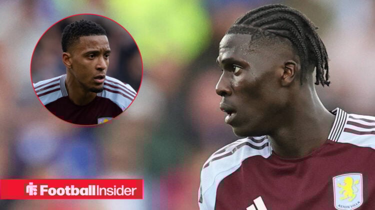 Amadou Onana looks at Aston Villa teammate Ezri Konsa