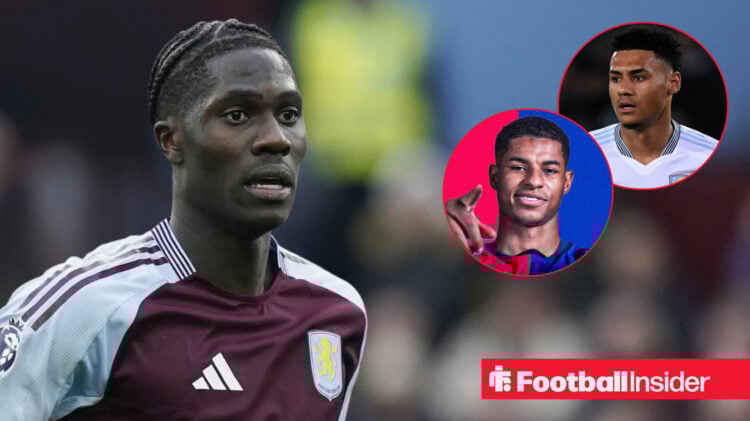 Aston Villa's Amadou Onana and Ollie Watkins in action. Marcus Rashford poses in a Barcelona shirt