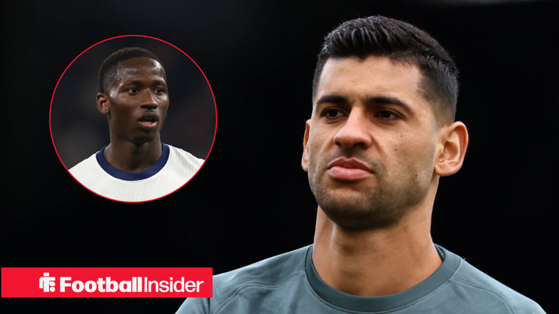 Tottenham's Pape Sarr and Cristian Romero look at each other