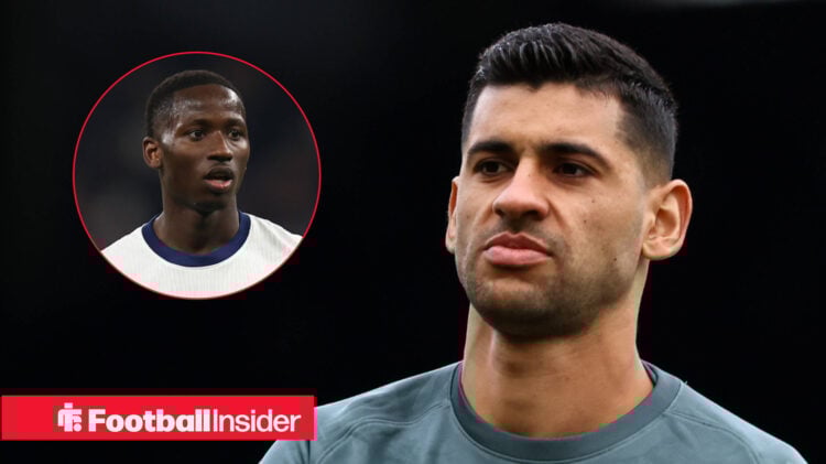 Tottenham's Pape Sarr and Cristian Romero look at each other