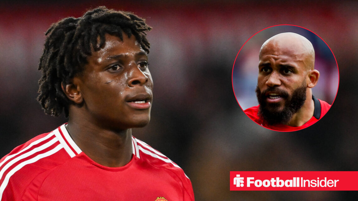 Manchester United defender Patrick Dorgu in a red home shirt alongside a head shot of Bryan Mbeumo.