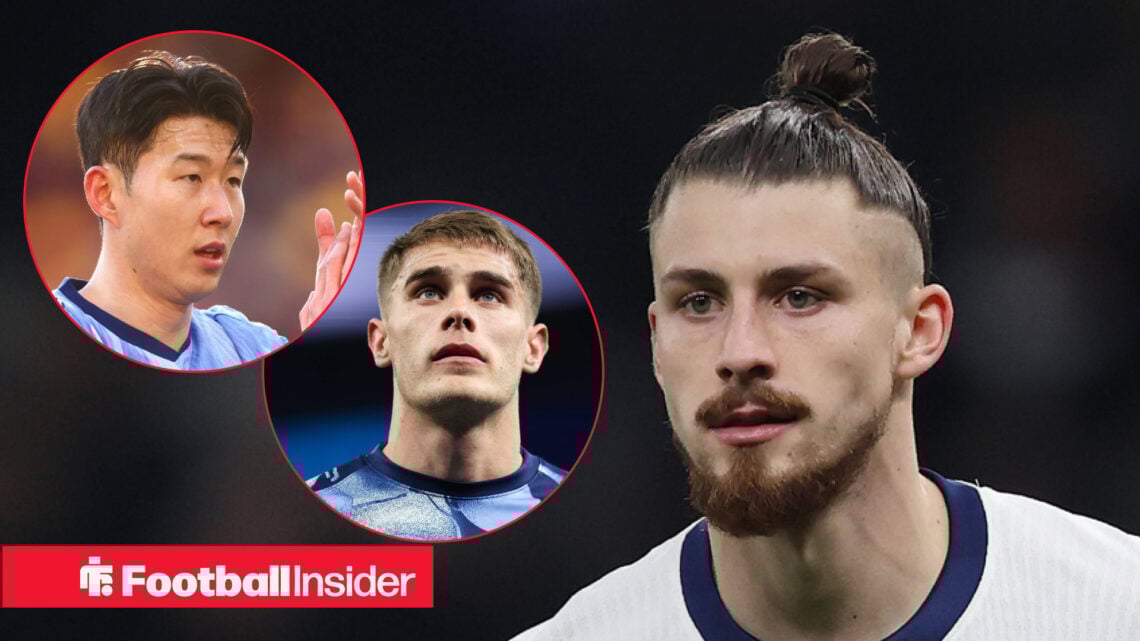 Radu Dragusin in Tottenham kit with Son Heung-min clapping and Micky van de Ven looking up