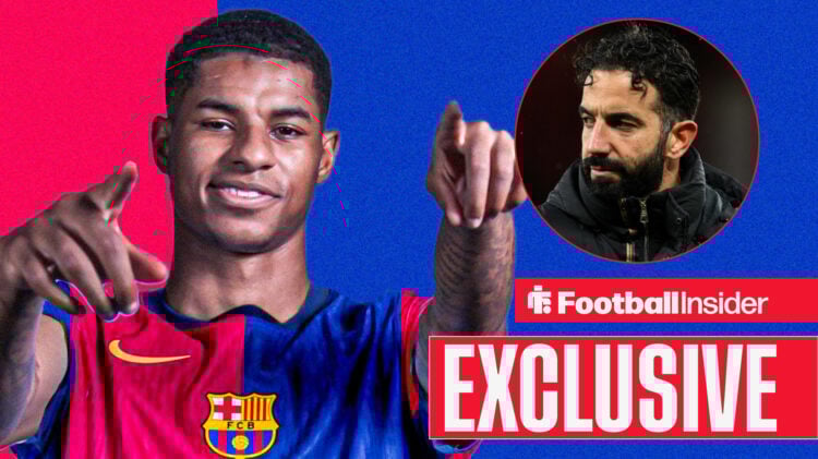 Exclusive news, Marcus Rashford in a Barcelona shirt, Man United manager Ruben Amorim looks across