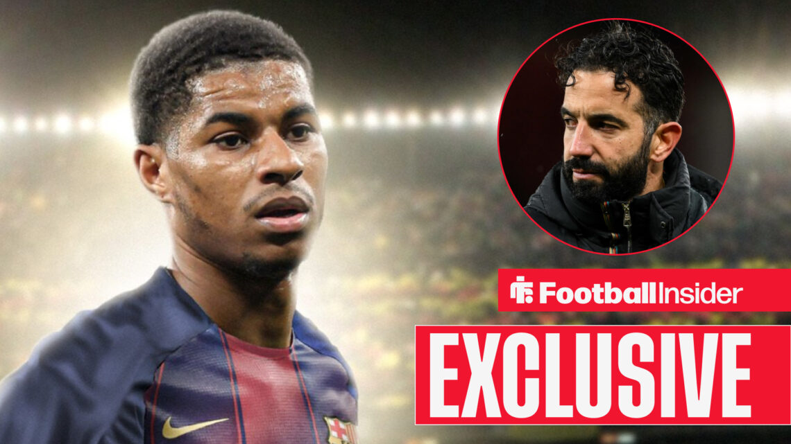Exclusive news Barcelona forward Marcus Rashford looks at Man United manager Ruben Amorim