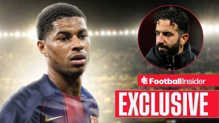 Exclusive news Barcelona forward Marcus Rashford looks at Man United manager Ruben Amorim