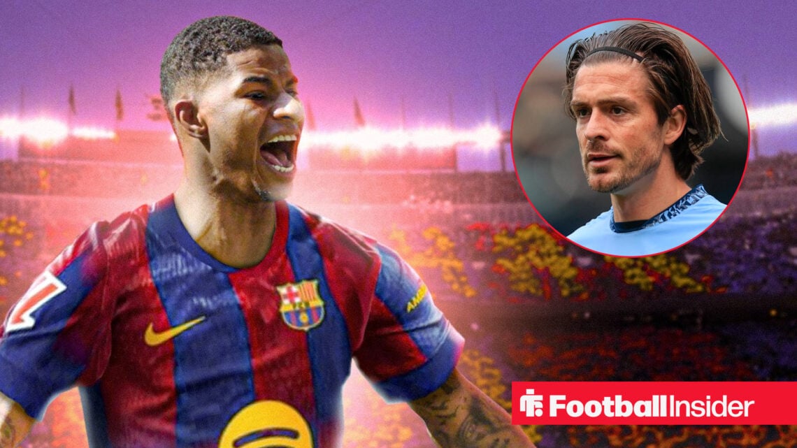 Barcelona star Marcus Rashford celebrates as Man City ace Jack Grealish watches on