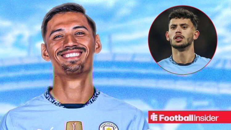 Matheus Nunes looks at Man City midfielder Tijjani Reijnders