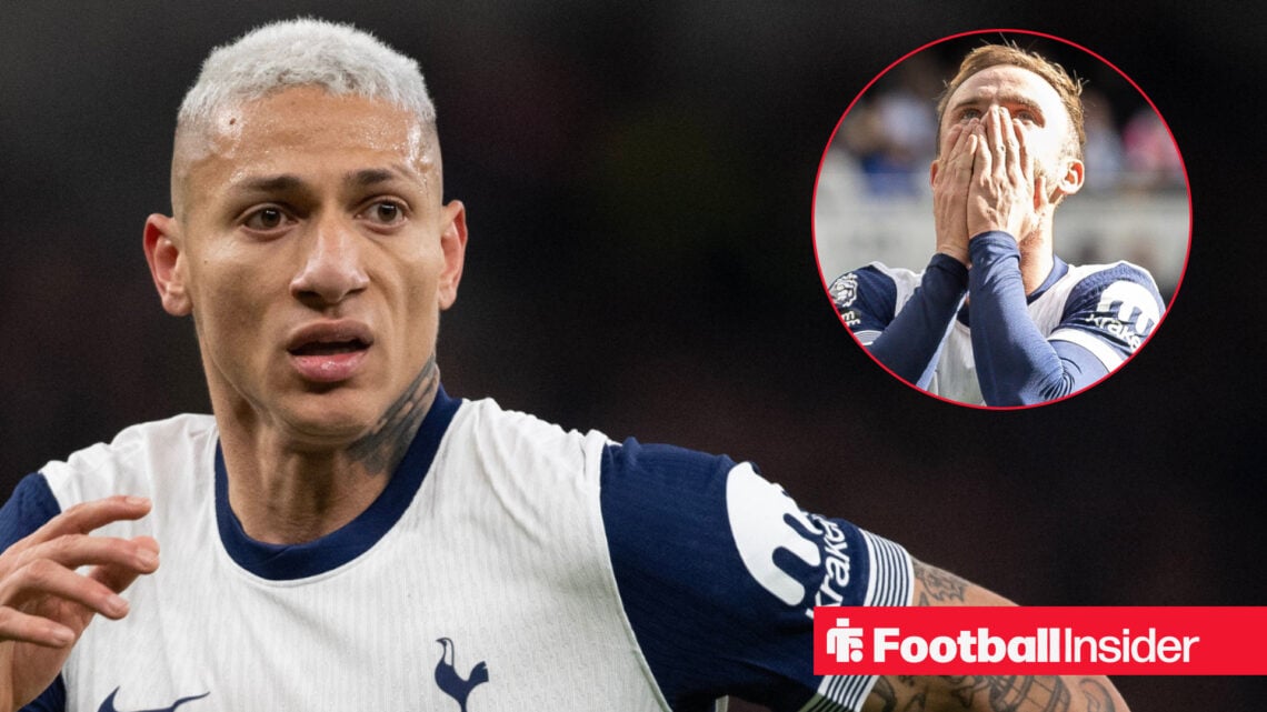 Richarlison looks at Tottenham teammate James Maddison