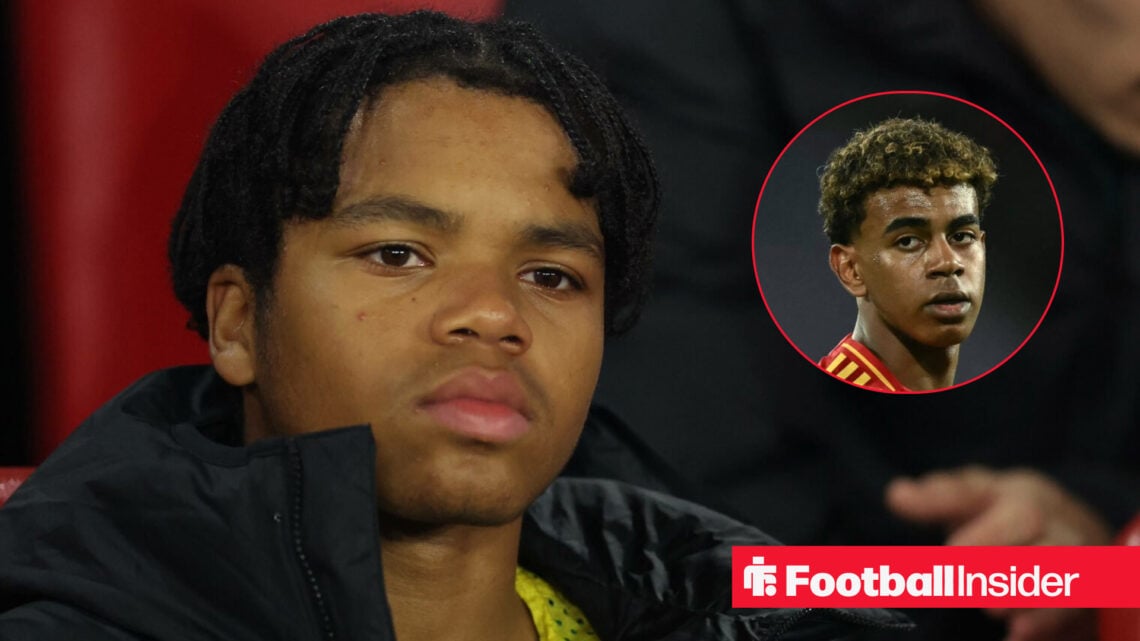Liverpool's Rio Ngumoha sitting on the bench and Barcelona's Lamine Yamal in action for Spain