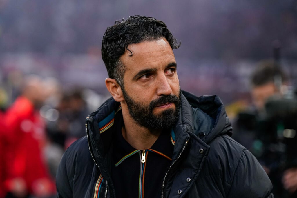 Ruben Amorim looks towards the Man United crowd