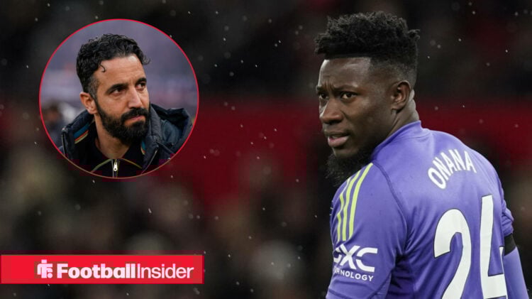 Manchester United goalkeeper Andre Onana look at Manchester Untied manager Ruben Amorim in a circular inset