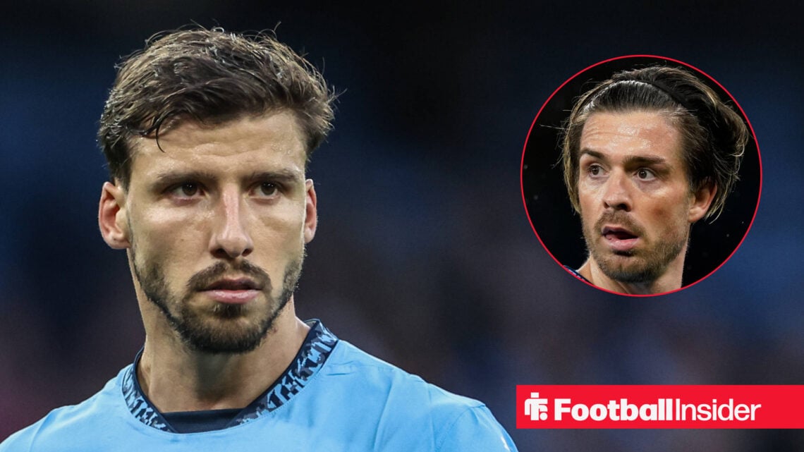 Manchester City's Ruben Dias in a blue home shirt alongside a headshot of team mate Jack Grealish.