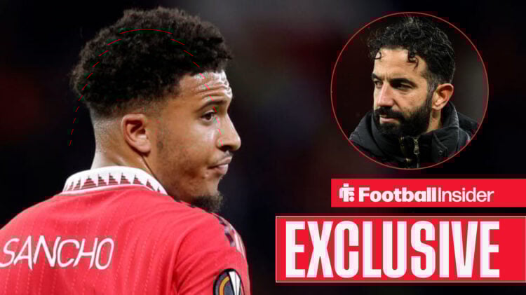 Man United outcast Jadon Sancho looks at manager Ruben Amorim