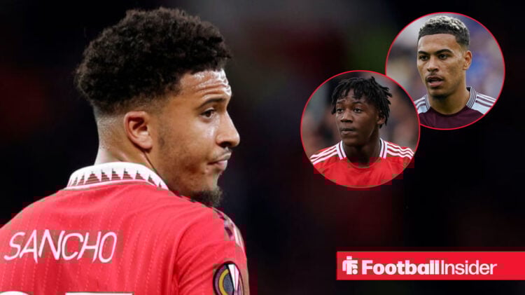 Jadon Sancho and Kobbie Mainoo in action for Man United, Aston Villa's Morgan Rogers looks on
