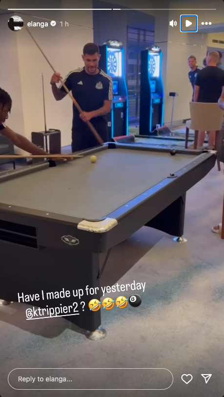 Elanga instagram story playing pool with Bruno Guimaraes, Joelinton and Kieran Trippier