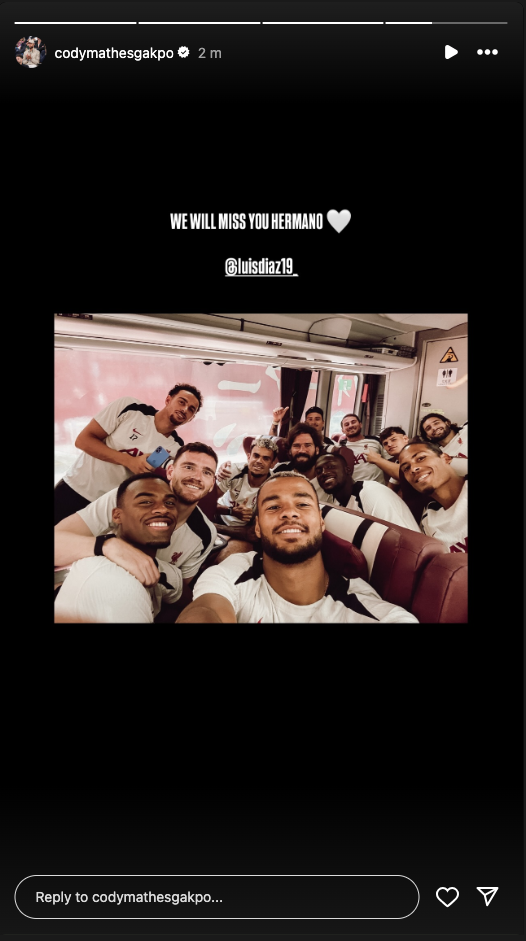 Cody Gakpo alongside Ryan Gravenberch, Andy Robertson, Curtis Jones, Konate, Alisson, van Dijk, MacAllister, Nunez and Luis Diaz