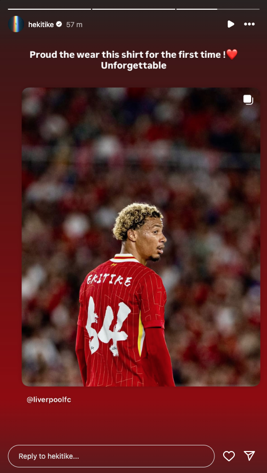 Hugo Ekitike picture on debut on Instagram story