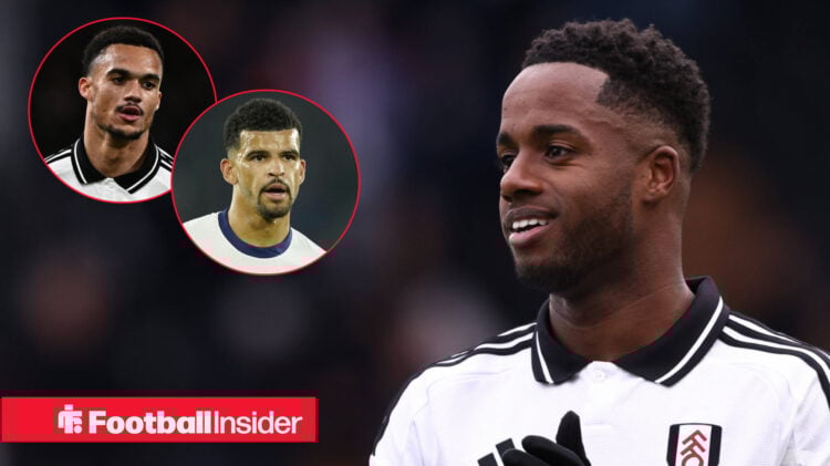 Ryan Sessegnon looks at Tottenham striker Dominic Solanke and Fulham ace Antonee Robinson