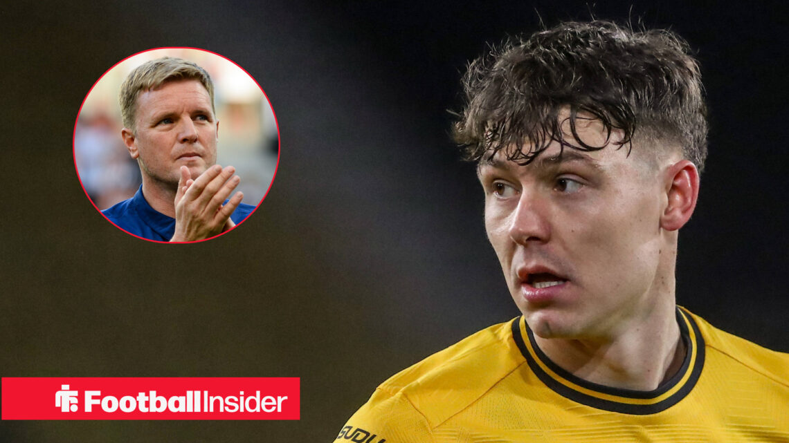 Wolves striker Jorgen Strand Larsen in a home shirt, alongside a head shot of Newcastle manager Eddie Howe.