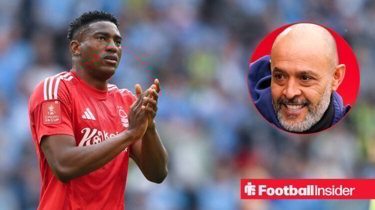 Nottingham Forest striker Taiwo Awoniyi clapping the fans alongside a head shot of manager Nuno Espirito Santo.