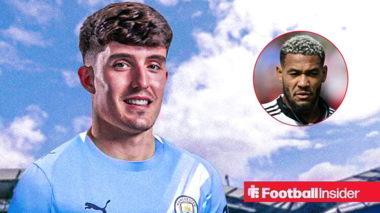 Tino Livramento in a Man City shirt and Newcastle's Joelinton