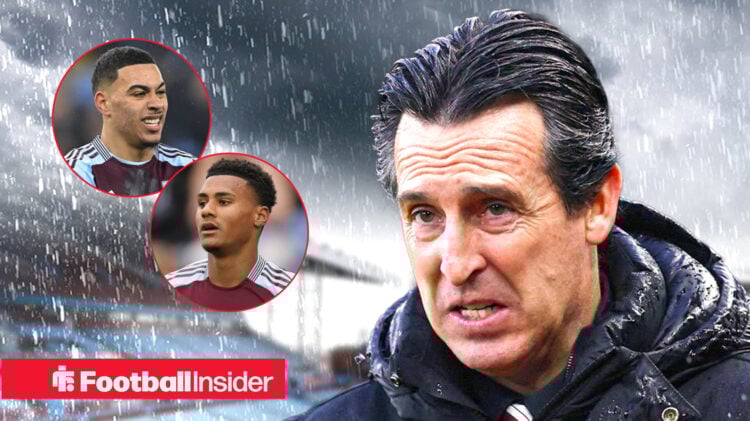 Aston Villa boss Unai Emery looking sad at Morgan Rogers and Ollie Watkins