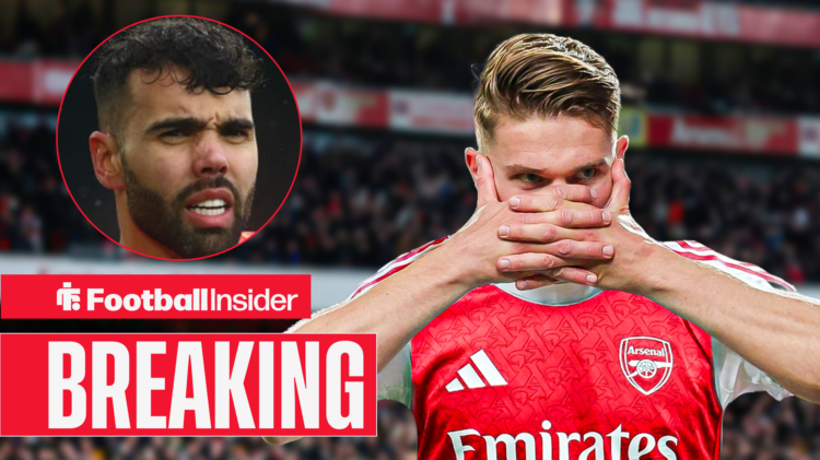 Viktor Gyokeres in an Arsenal shirt alongside a head shot of David Raya.