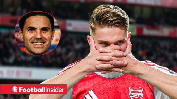 Viktor Gyokeres in an Arsenal shirt doing his signature celebration next to a headshot of a smiling Mikel Arteta.