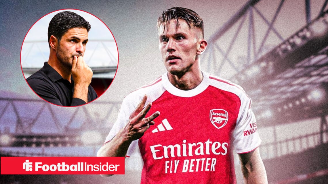 Viktor Gyokeres in Arsenal gear in front of manager Mikel Arteta