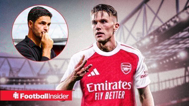 Viktor Gyokeres in Arsenal gear in front of manager Mikel Arteta
