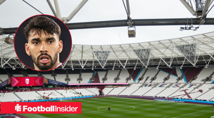 The London Stadium and a head shot of West Ham midfielder Lucas Paqueta