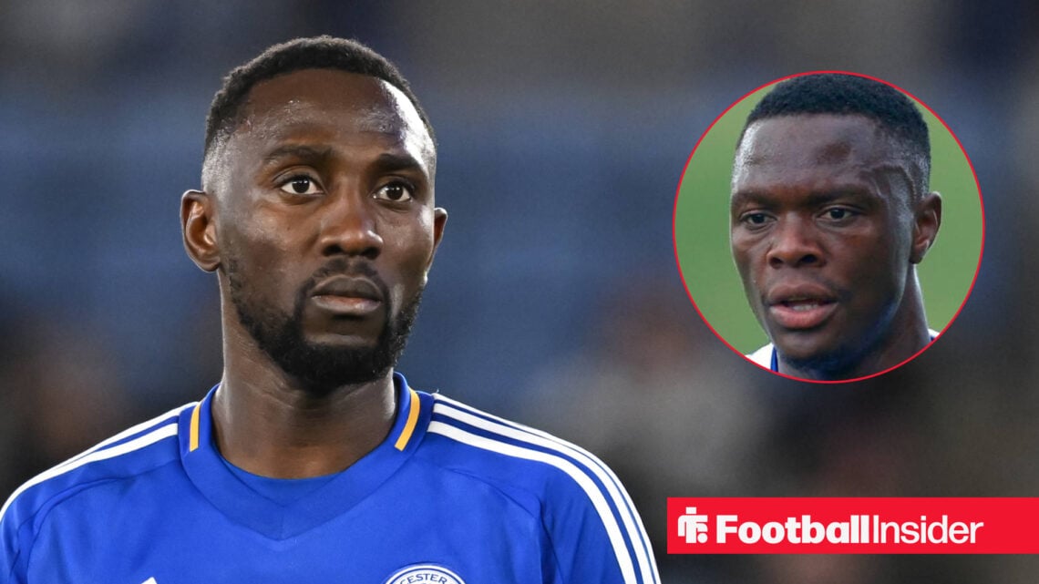 Wilfred Ndidi in a Leicester City home shirt alongside a head shot of Foxes team mate Patson Daka.