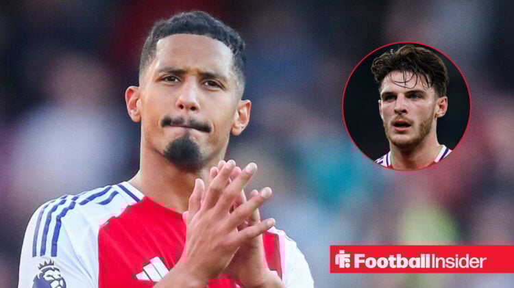William Saliba claps and Declan Rice looks on in circular inset