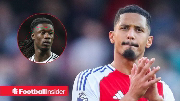 Arsenal's William Saliba, and Real Madrid's Eduardo Camavinga both in action