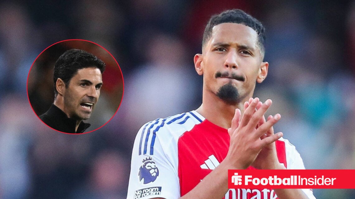 William Saliba claps Arsenal fans while on the pitch, with Mikel Arteta pictured inset
