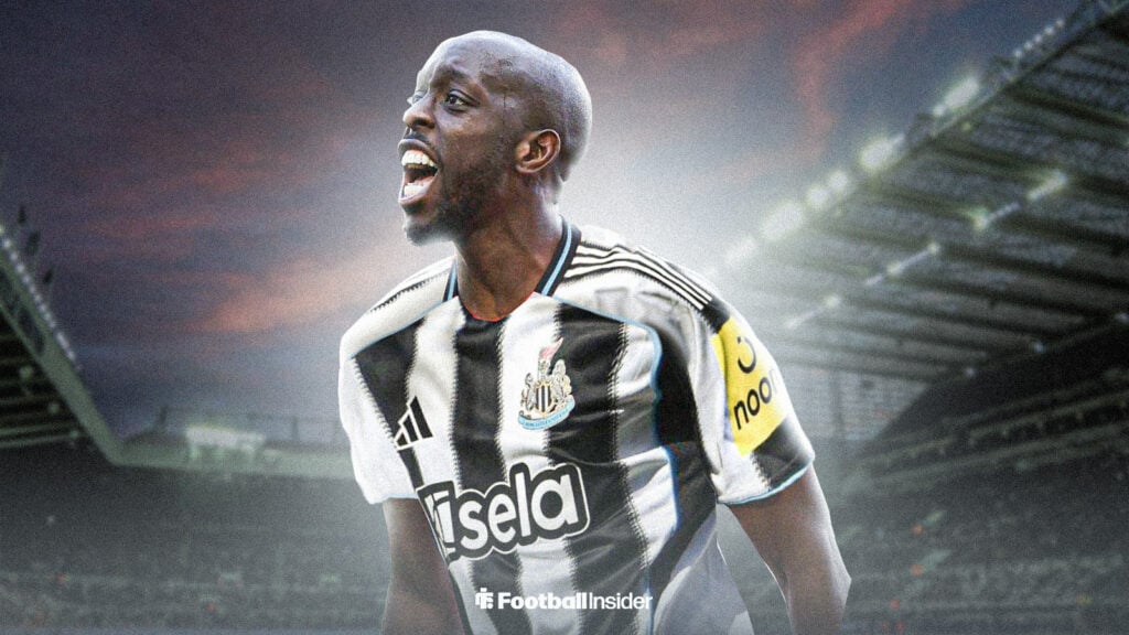Yoane Wissa in a Newcastle United shirt against a backdrop of St James' Park.