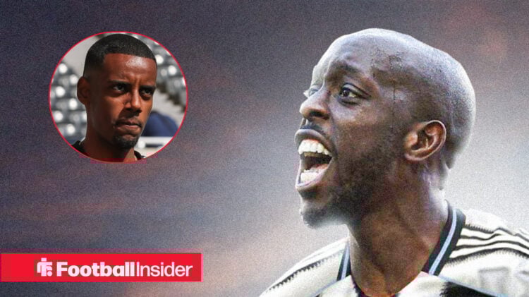 Yoane Wissa in a Newcastle home shirt alongside a headshot of current Newcastle striker Alexander Isak.