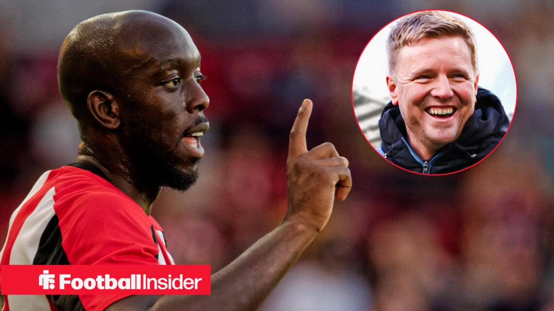 Brentford forward Yoane Wissa and Newcastle United manager Eddie Howe in a circular inset