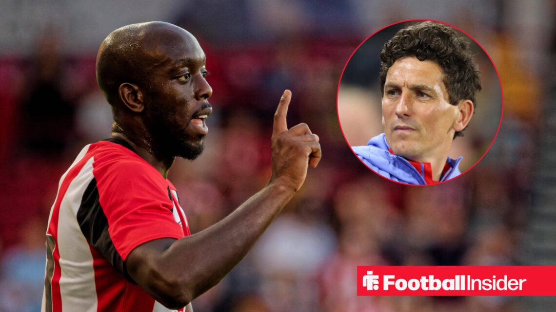 Yoane Wissa raises his finger towards Brentford boss Keith Andrews