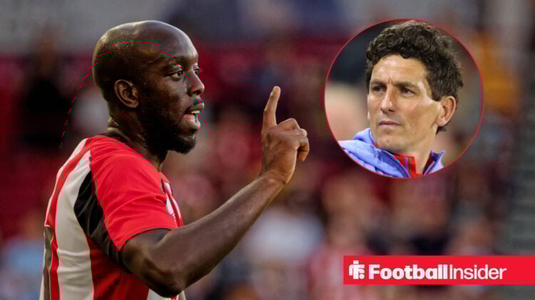 Yoane Wissa raises his finger towards Brentford boss Keith Andrews