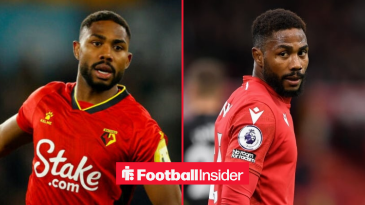 Emmanuel Dennis in a Watford shirt on the left looking focused with him on the right in a Nottingham Forest shirt looking sheepish
