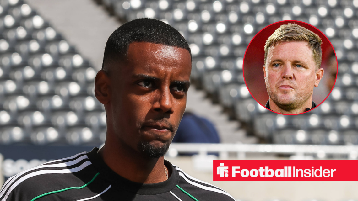 Alexander Isak looking serious with Eddie Howe on the right looking annoyed