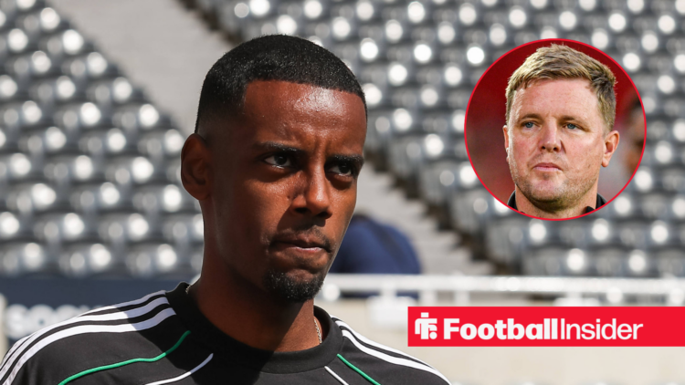 Alexander Isak looking serious with Eddie Howe on the right looking annoyed