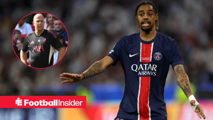 Bradley Barcola in action for PSG with Arne Slot in a circular inset.