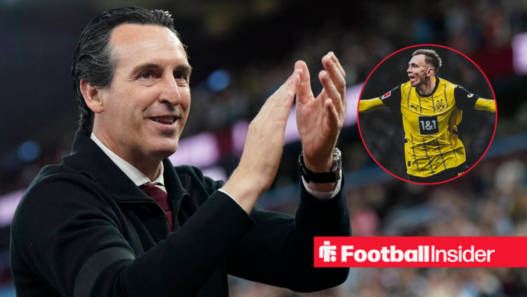 Unai Emery applauding next to an image of Max Beier